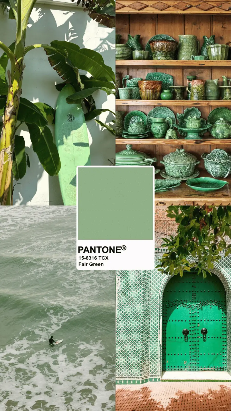 Planche d'ambiance verte : palette, matières et références visuelles