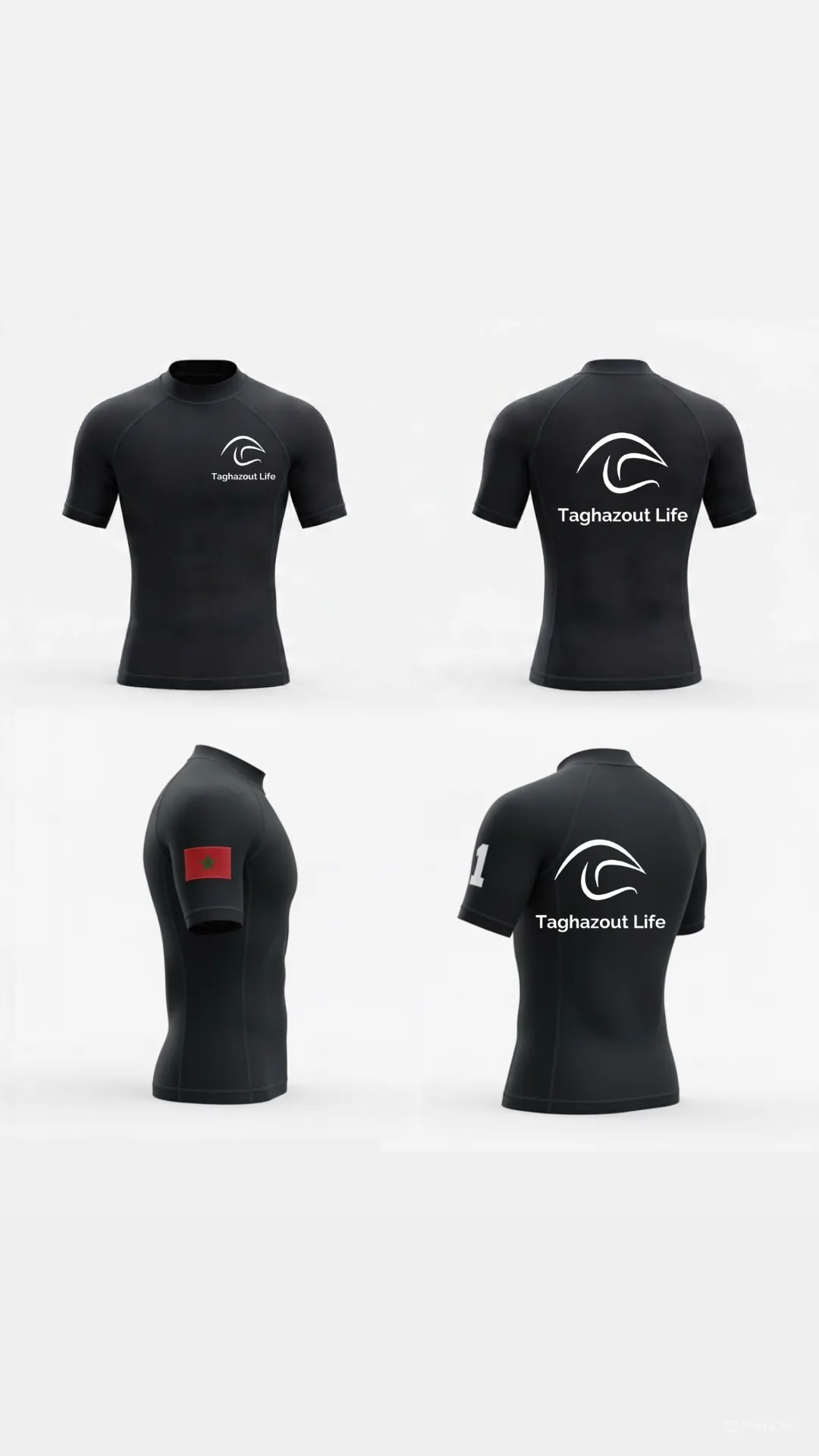Maquettes de lycras noirs floqués pour un surf camp
